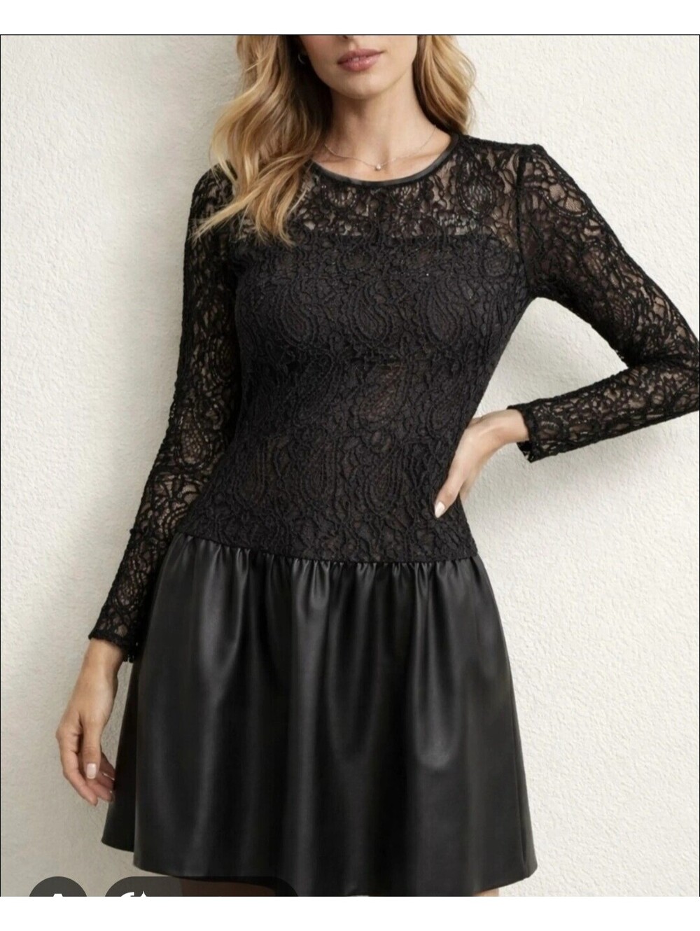 Pinky Black Lace and Faux Leather Long Sleeve Dress Withcy, Goth, Fairy